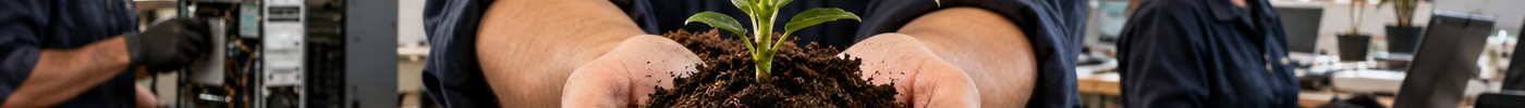 Planta sostenida sobre tierra en un taller de reutilización tecnológica