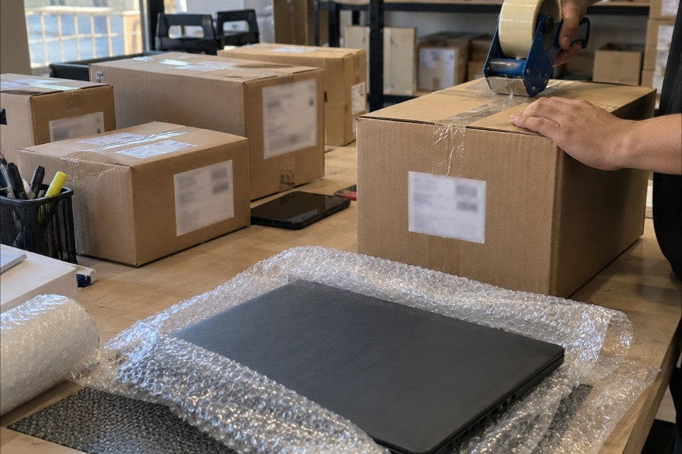 Notebook empresarial siendo embalado junto a cajas listas para despacho