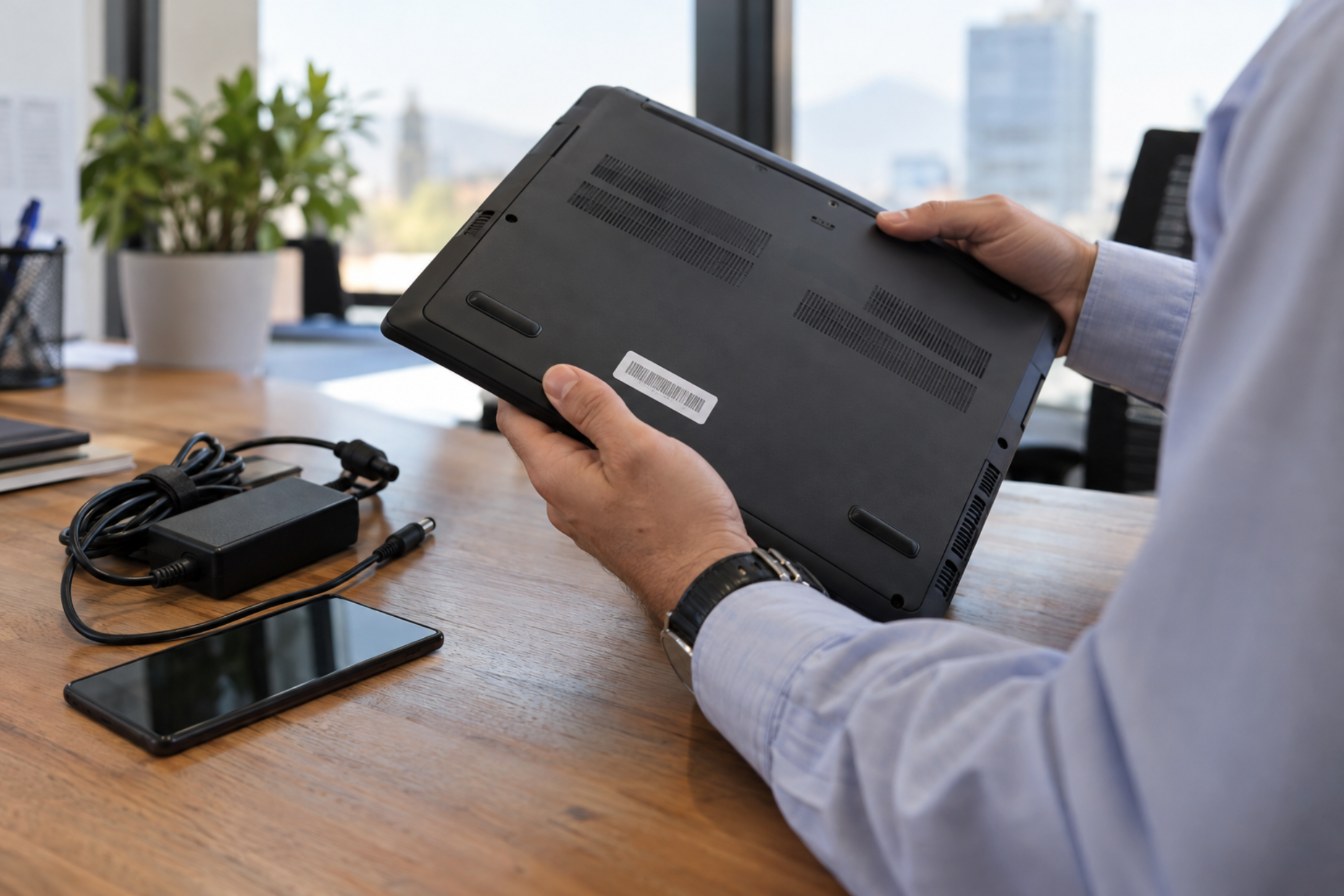 Persona revisando la etiqueta con el modelo bajo un notebook empresarial