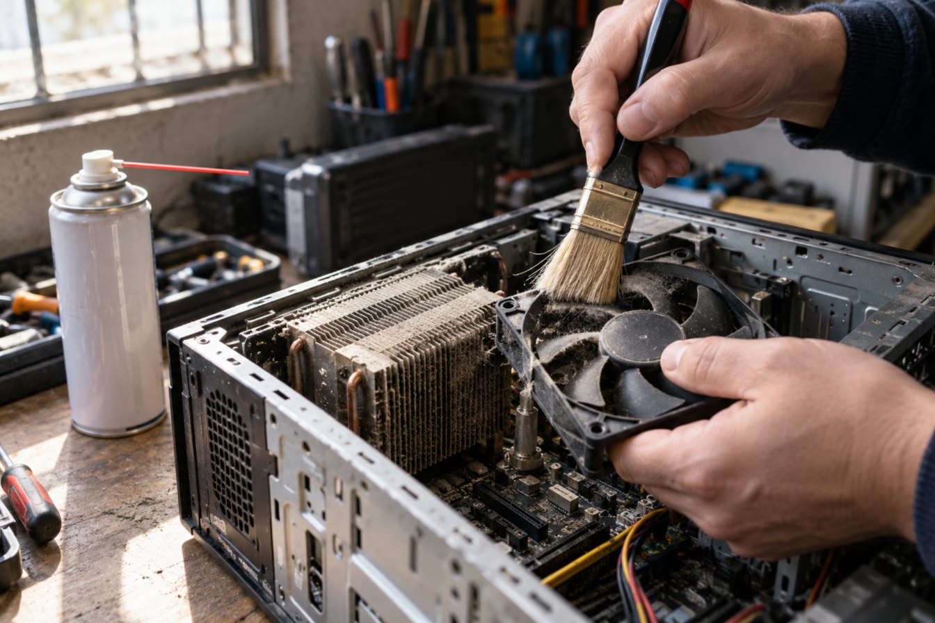 Técnico limpiando con pincel el disipador y ventilador de un PC de escritorio