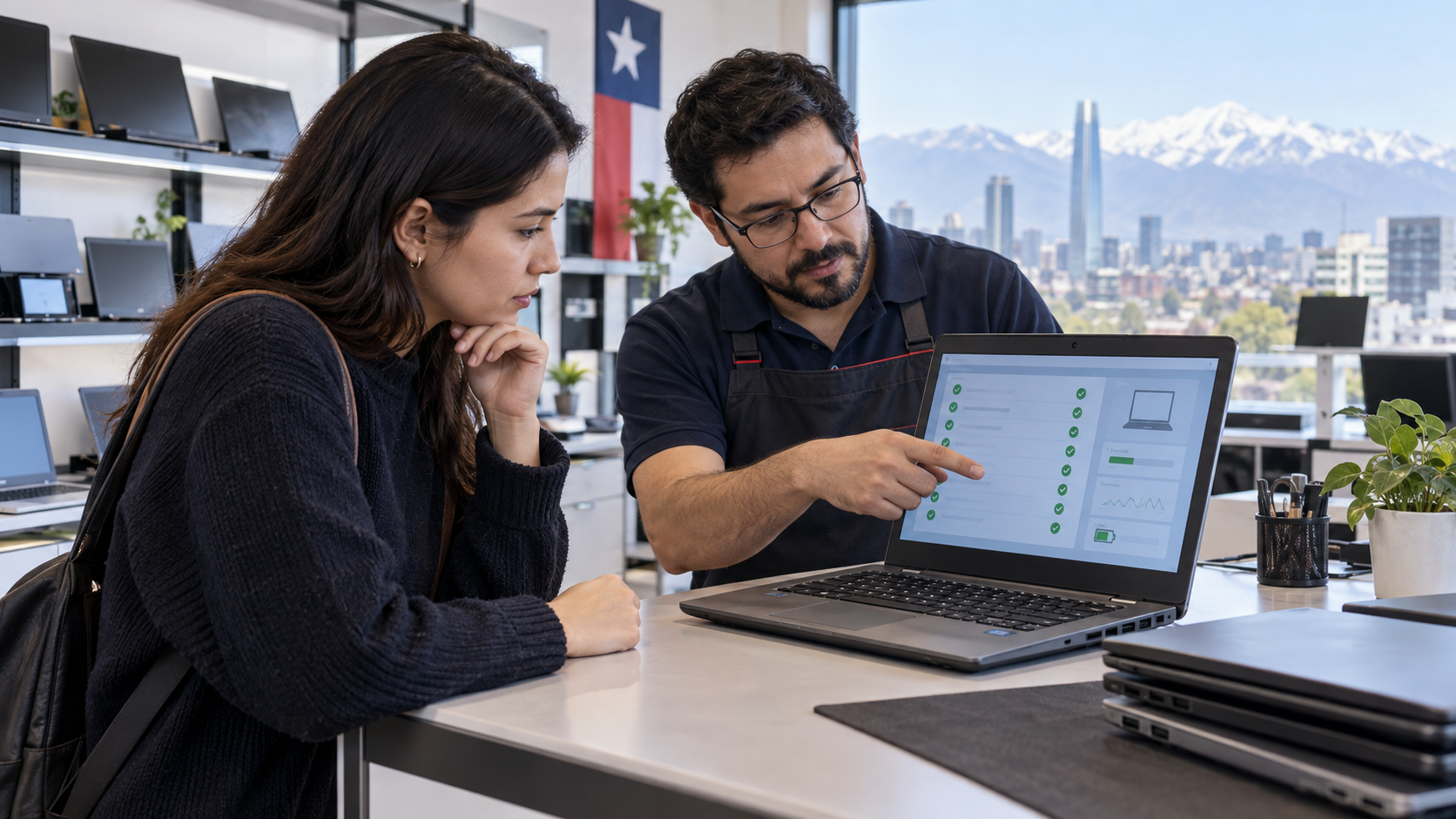 Cliente revisando un computador usado con apoyo de un técnico en Chile