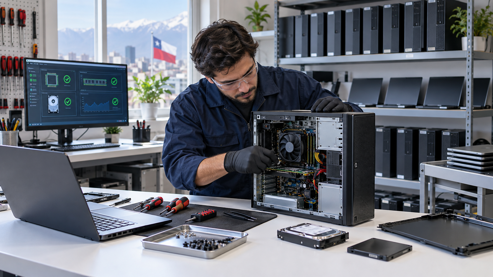 Técnico reacondicionando computadores en el taller de Tecnousados