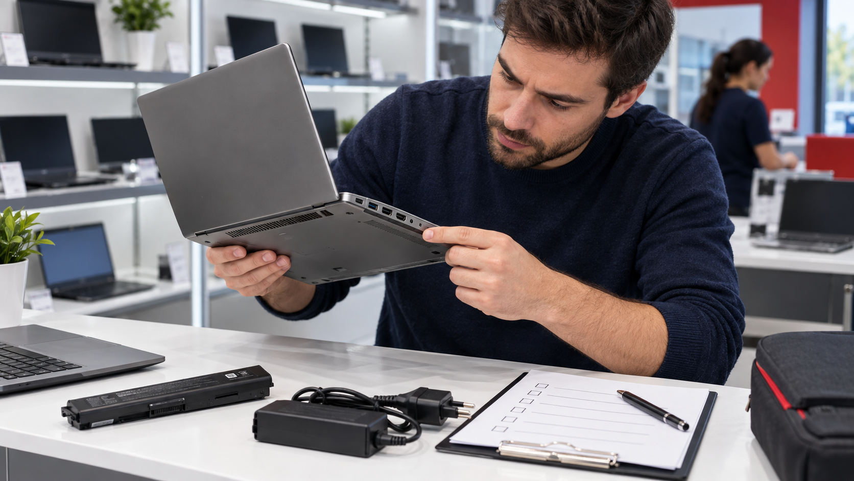 Comprador revisando puertos, batería y estado de un notebook usado