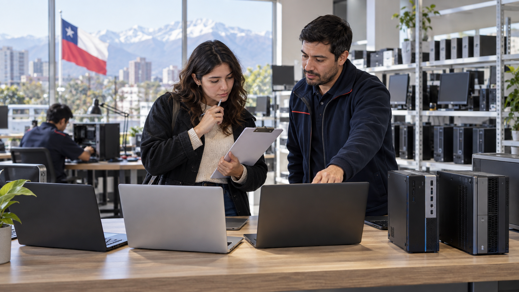 Cliente comparando computadores usados con ayuda de un técnico