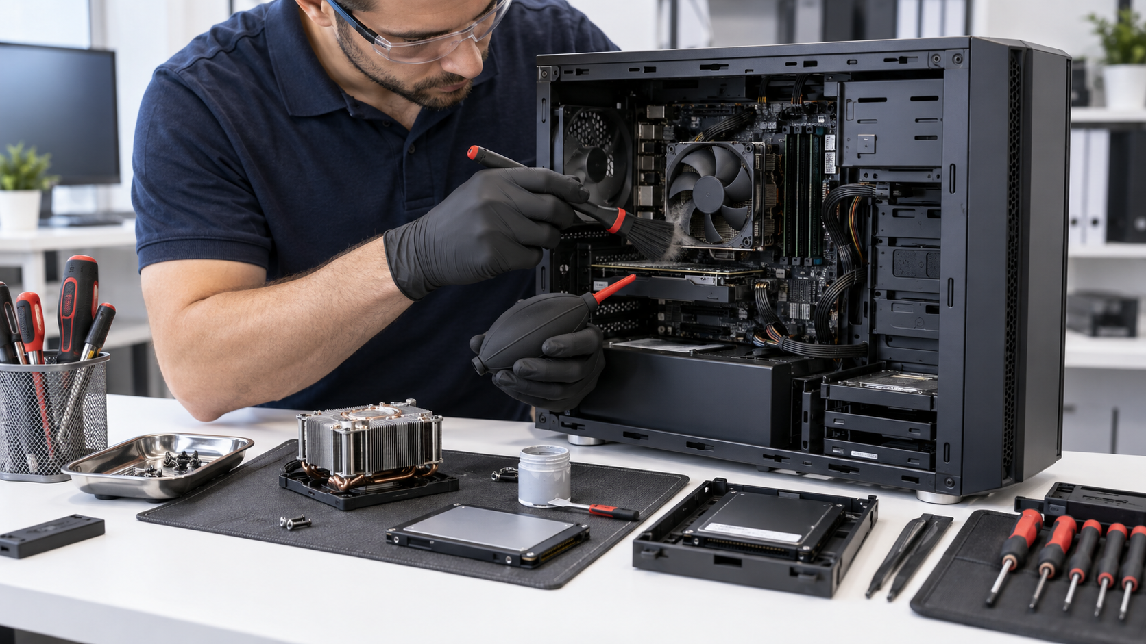 Técnico realizando limpieza y mantenimiento interno de un computador