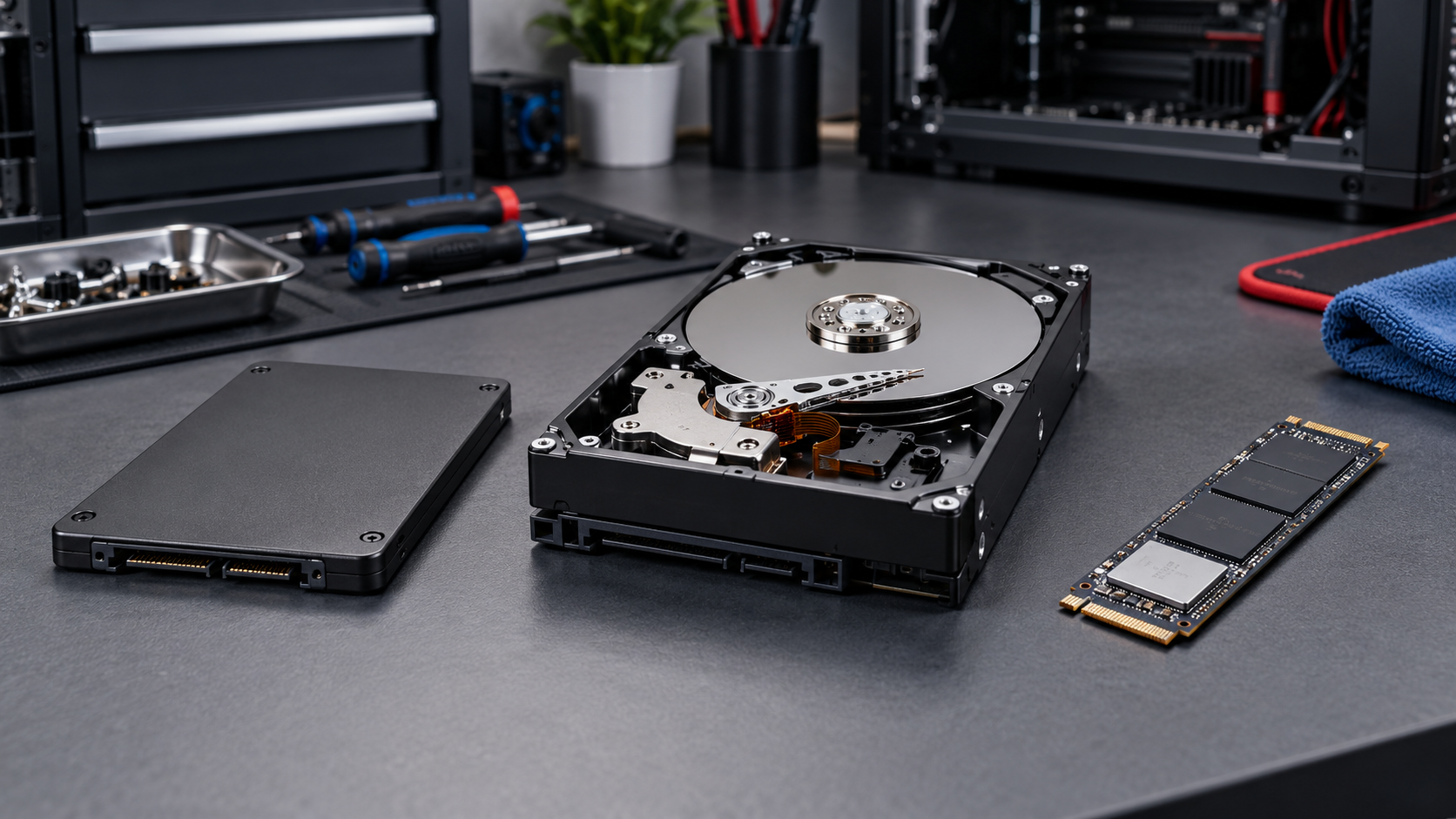 Comparación de disco SSD, disco duro HDD y unidad NVMe