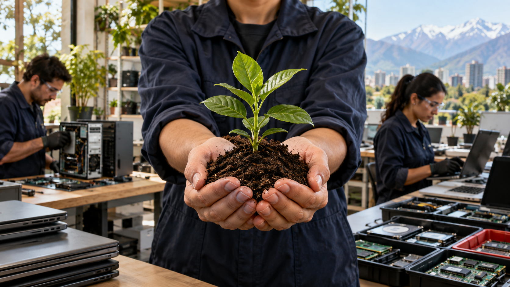 Planta sostenida sobre tierra en un taller de reutilización tecnológica