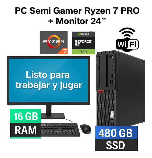 Pc Semi Gamer Ryzen 7 Pro Amd 16 Gb 480 Ssd + Monitor 24