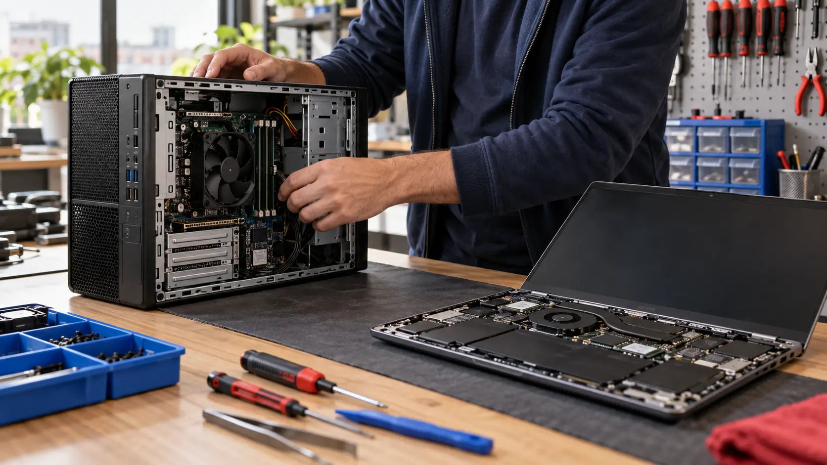Representación de un técnico revisando un computador de escritorio y un notebook en una mesa de trabajo